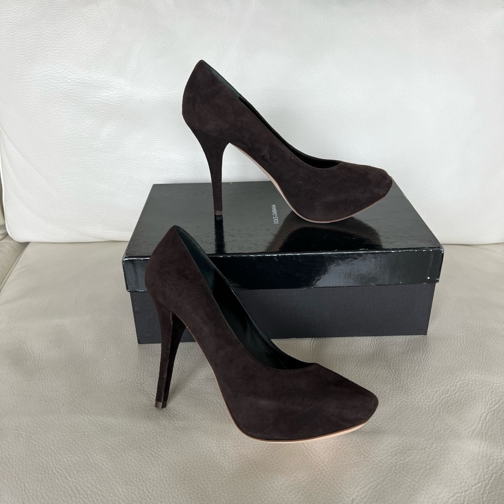 DOLCE & GABBANA Velvet Brown High Heels Square Toe Size 7.5 (Authetic) NEW NWB